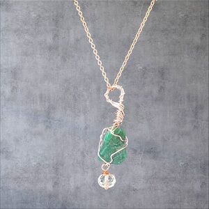 Rose gold plated wire wrapped natural green stone pendant